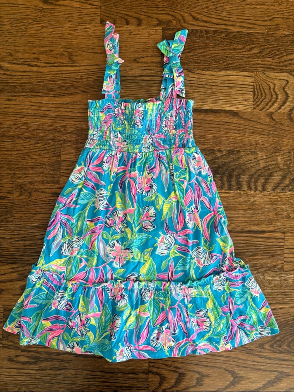 Lilly Pulitzer Turquoise Floral Smocked Maxi Dress with Pink and Green Accents